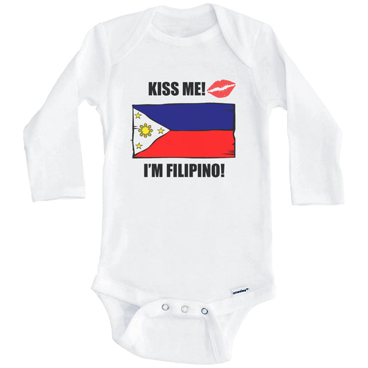 Kiss Me I'm Filipino Cute Philippines Flag Baby Onesie (Long Sleeves)