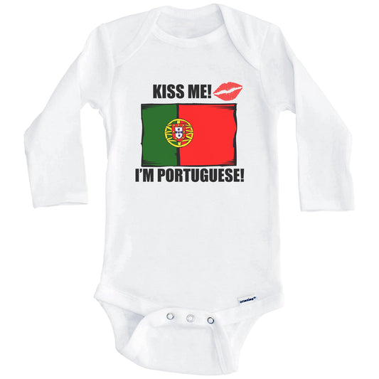 Kiss Me I'm Portuguese Cute Portugal Flag Baby Onesie (Long Sleeves)