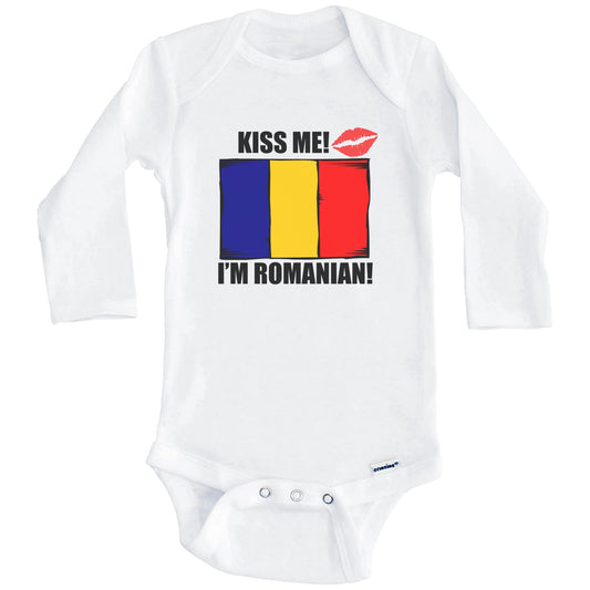 Kiss Me I'm Romanian Cute Romania Flag Baby Onesie (Long Sleeves)