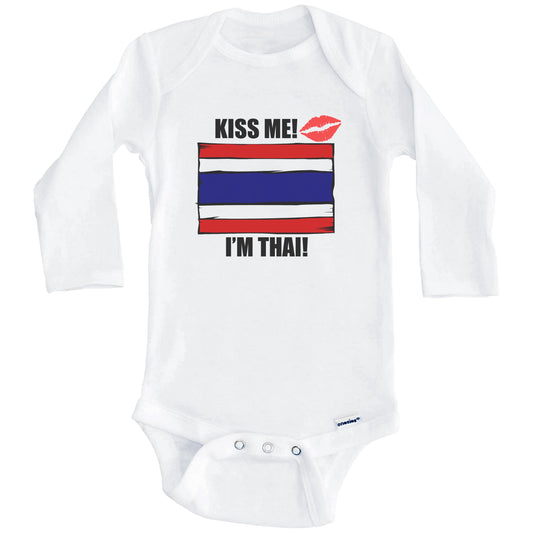 Kiss Me I'm Thai Cute Thailand Flag Baby Onesie (Long Sleeves)