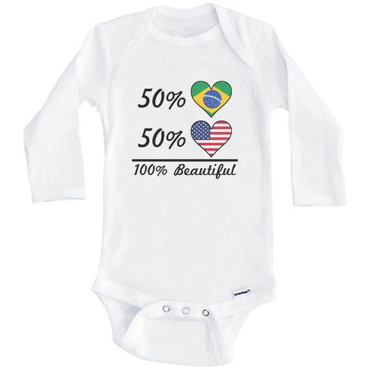50% Brazilian 50% American 100% Beautiful Brazil Flag Heart Baby Onesie (Long Sleeves)
