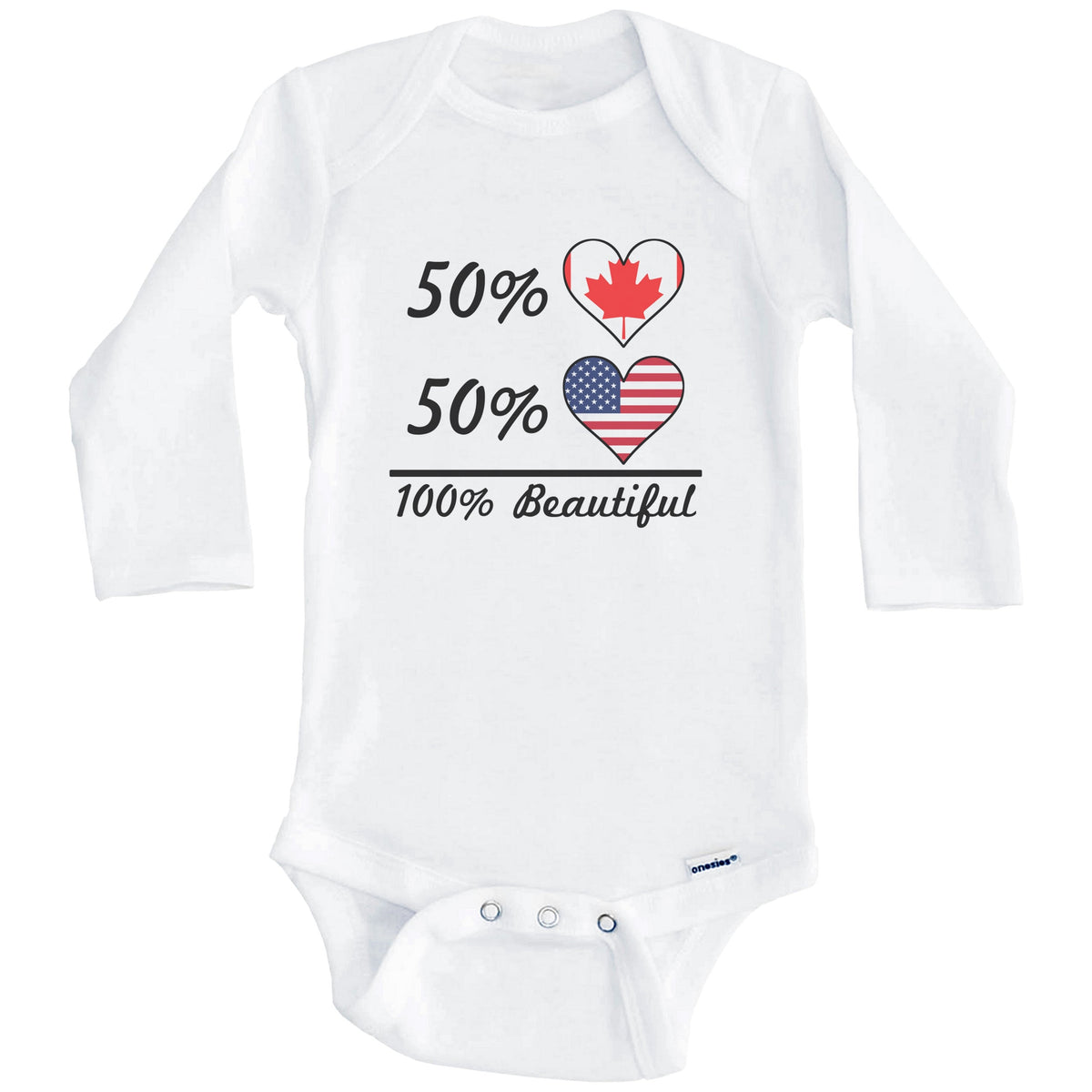 50% Canadian 50% American 100% Beautiful Canada Flag Heart Baby Onesie (Long Sleeves)