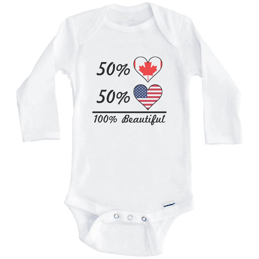 50% Canadian 50% American 100% Beautiful Canada Flag Heart Baby Onesie (Long Sleeves)