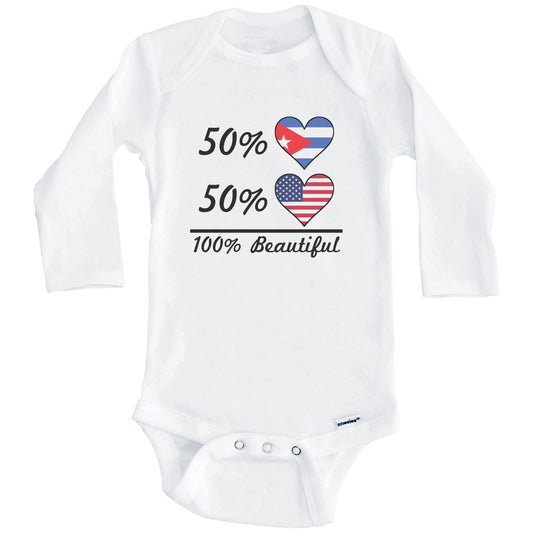 50% Cuban 50% American 100% Beautiful Cuba Flag Heart Baby Onesie (Long Sleeves)