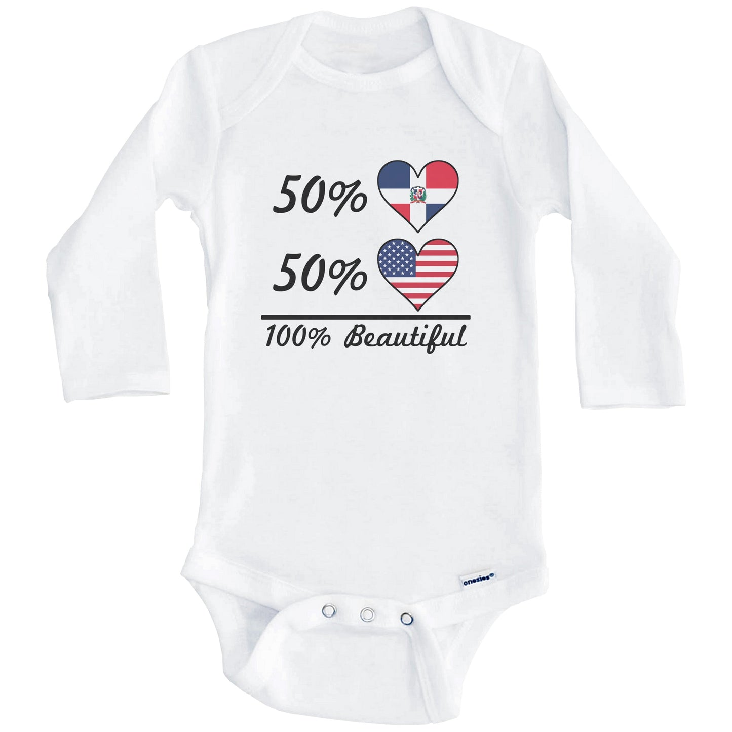 50% Dominican 50% American 100% Beautiful Dominican Republic Flag Heart Baby Onesie (Long Sleeves)