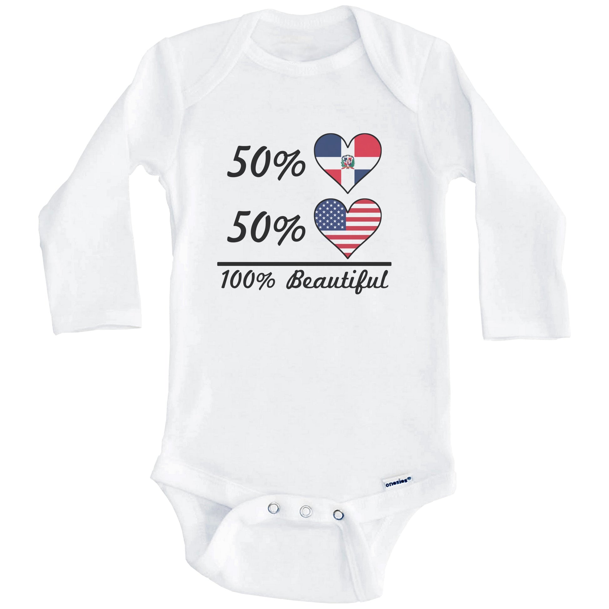 50% Dominican 50% American 100% Beautiful Dominican Republic Flag Heart Baby Onesie (Long Sleeves)