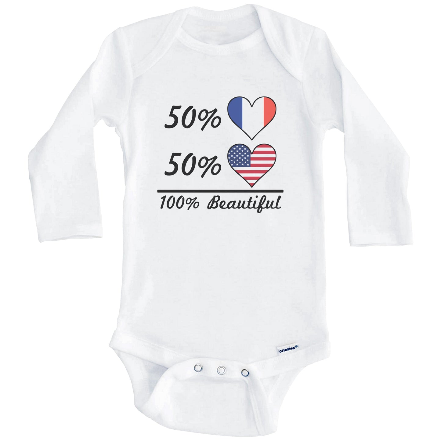 50% French 50% American 100% Beautiful France Flag Heart Baby Onesie (Long Sleeves)