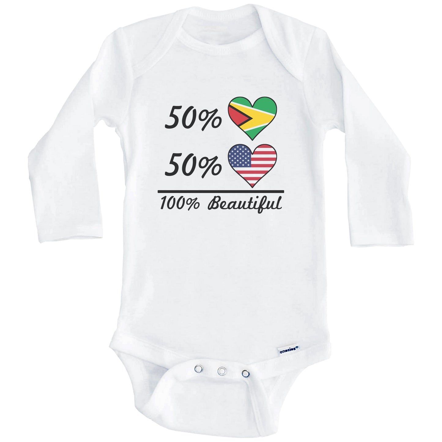 50% Guyanese 50% American 100% Beautiful Guyana Flag Heart Baby Onesie (Long Sleeves)