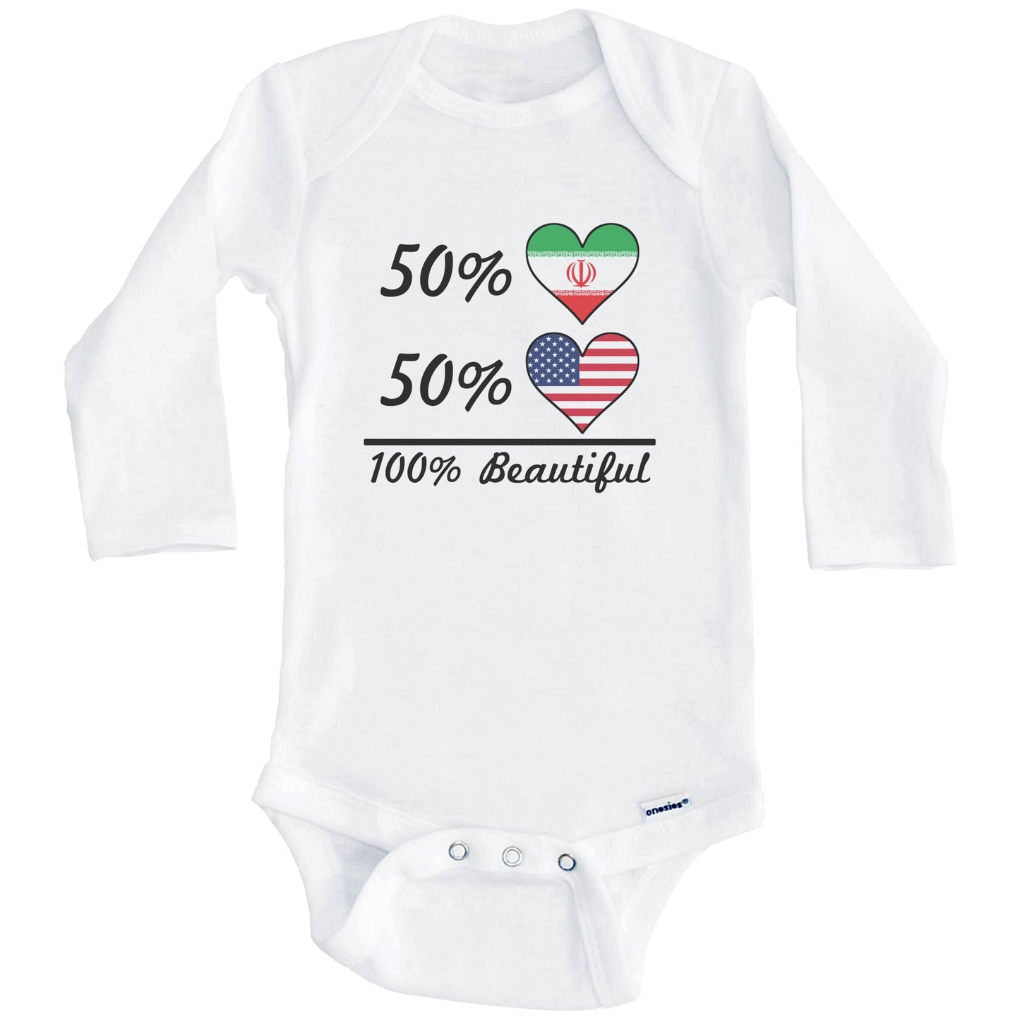 50% Iranian 50% American 100% Beautiful Iran Flag Heart Baby Onesie (Long Sleeves)