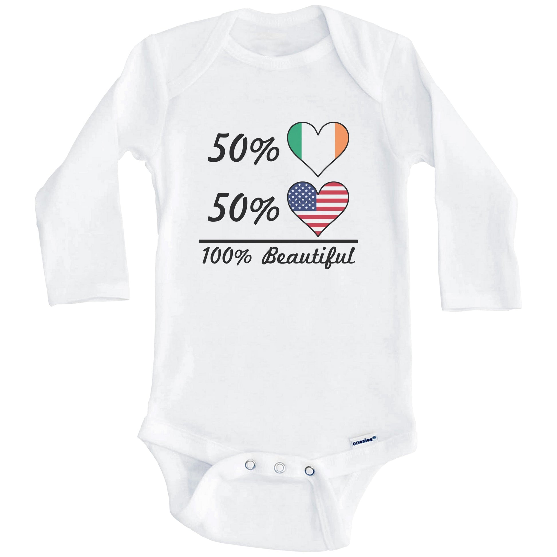 50% Irish 50% American 100% Beautiful Ireland Flag Heart Baby Onesie (Long Sleeves)