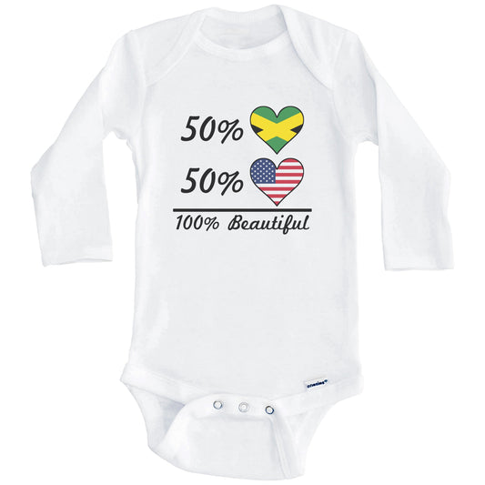 50% Jamaican 50% American 100% Beautiful Jamaica Flag Heart Baby Onesie (Long Sleeves)