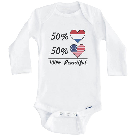 50% Dutch 50% American 100% Beautiful Netherlands Flag Heart Baby Onesie (Long Sleeves)