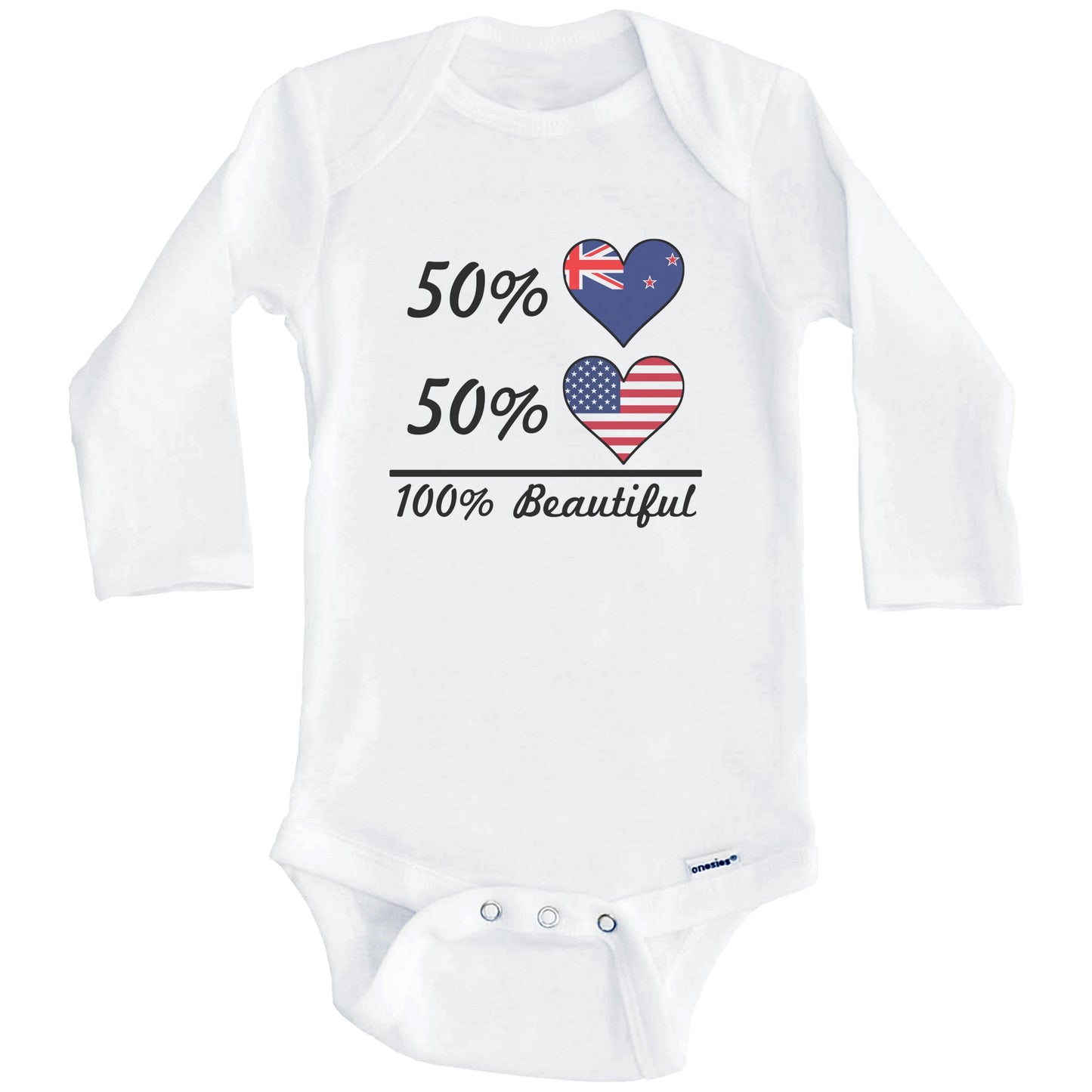 50% Kiwi 50% American 100% Beautiful New Zealand Flag Heart Baby Onesie (Long Sleeves)