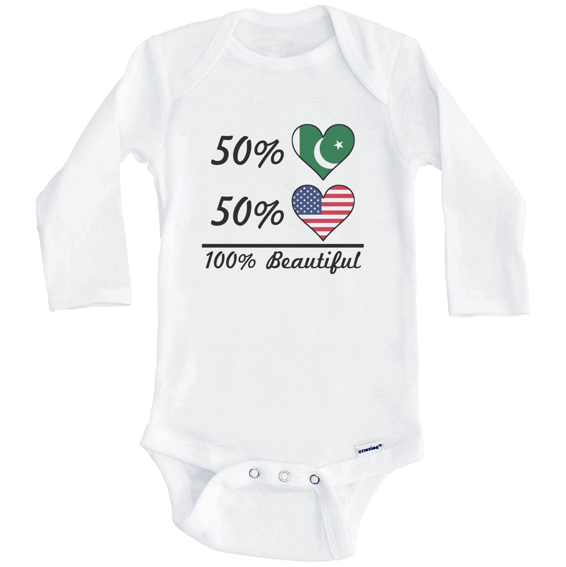 50% Pakistani 50% American 100% Beautiful Pakistan Flag Heart Baby Onesie (Long Sleeves)