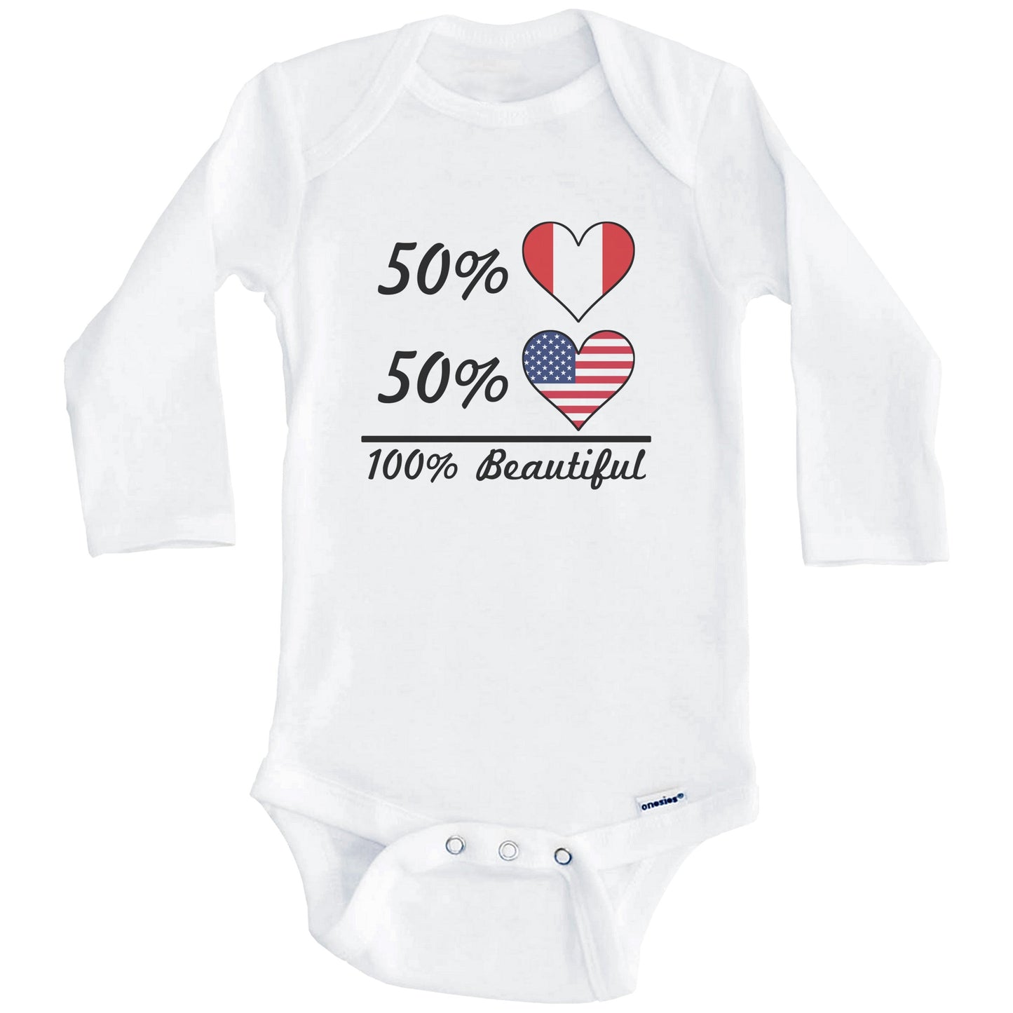 50% Peruvian 50% American 100% Beautiful Peru Flag Heart Baby Onesie (Long Sleeves)
