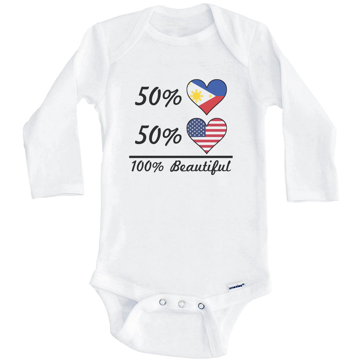 50% Filipino 50% American 100% Beautiful Philippines Flag Heart Baby Onesie (Long Sleeves)