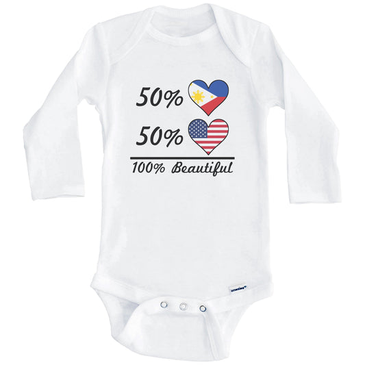 50% Filipino 50% American 100% Beautiful Philippines Flag Heart Baby Onesie (Long Sleeves)