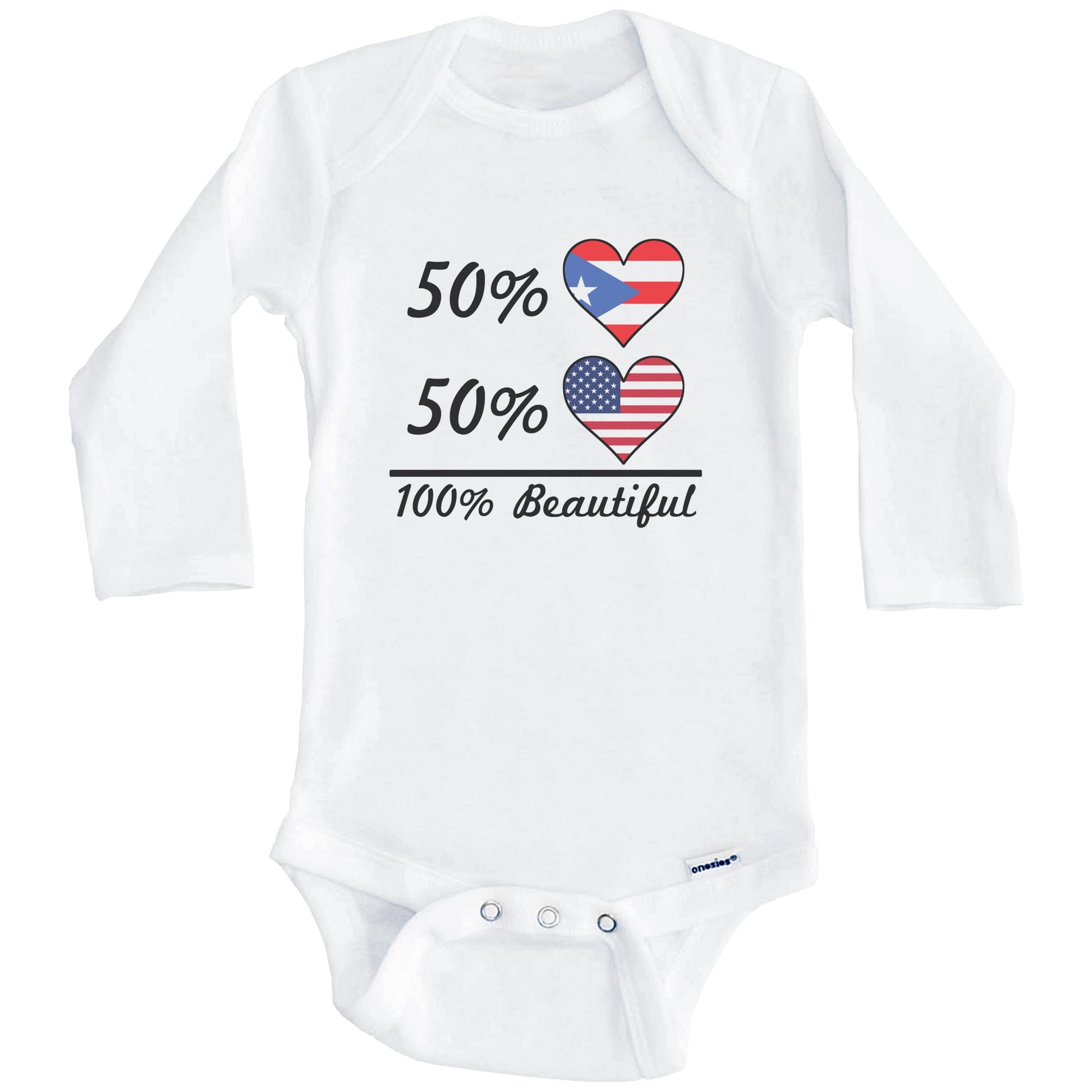 50% Puerto Rican 50% American 100% Beautiful Puerto Rico Flag Heart Baby Onesie (Long Sleeves)