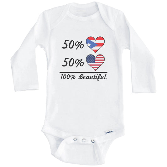 50% Puerto Rican 50% American 100% Beautiful Puerto Rico Flag Heart Baby Onesie (Long Sleeves)