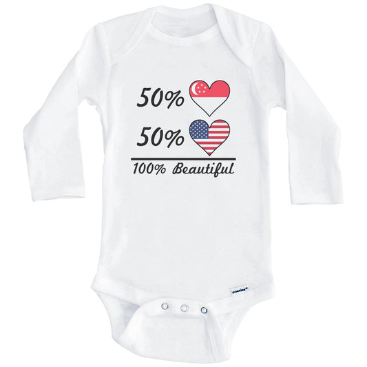 50% Singaporean 50% American 100% Beautiful Singapore Flag Heart Baby Onesie (Long Sleeves)