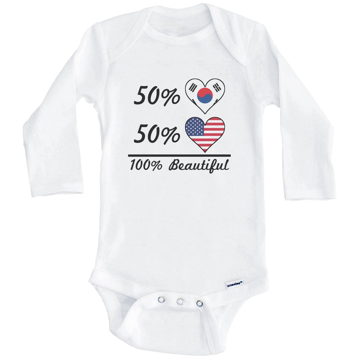 50% Korean 50% American 100% Beautiful South Korea Flag Heart Baby Onesie (Long Sleeves)