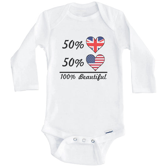 50% British 50% American 100% Beautiful United Kingdom Flag Heart Baby Onesie (Long Sleeves)