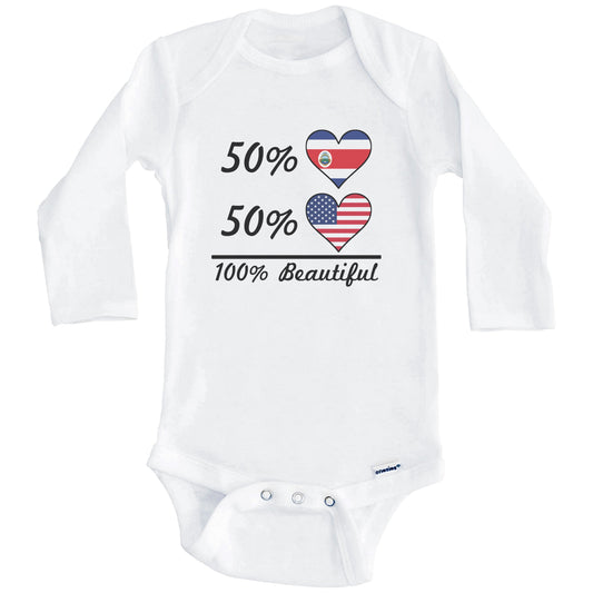 50% Costa Rican 50% American 100% Beautiful Costa Rica Flag Heart Baby Onesie (Long Sleeves)