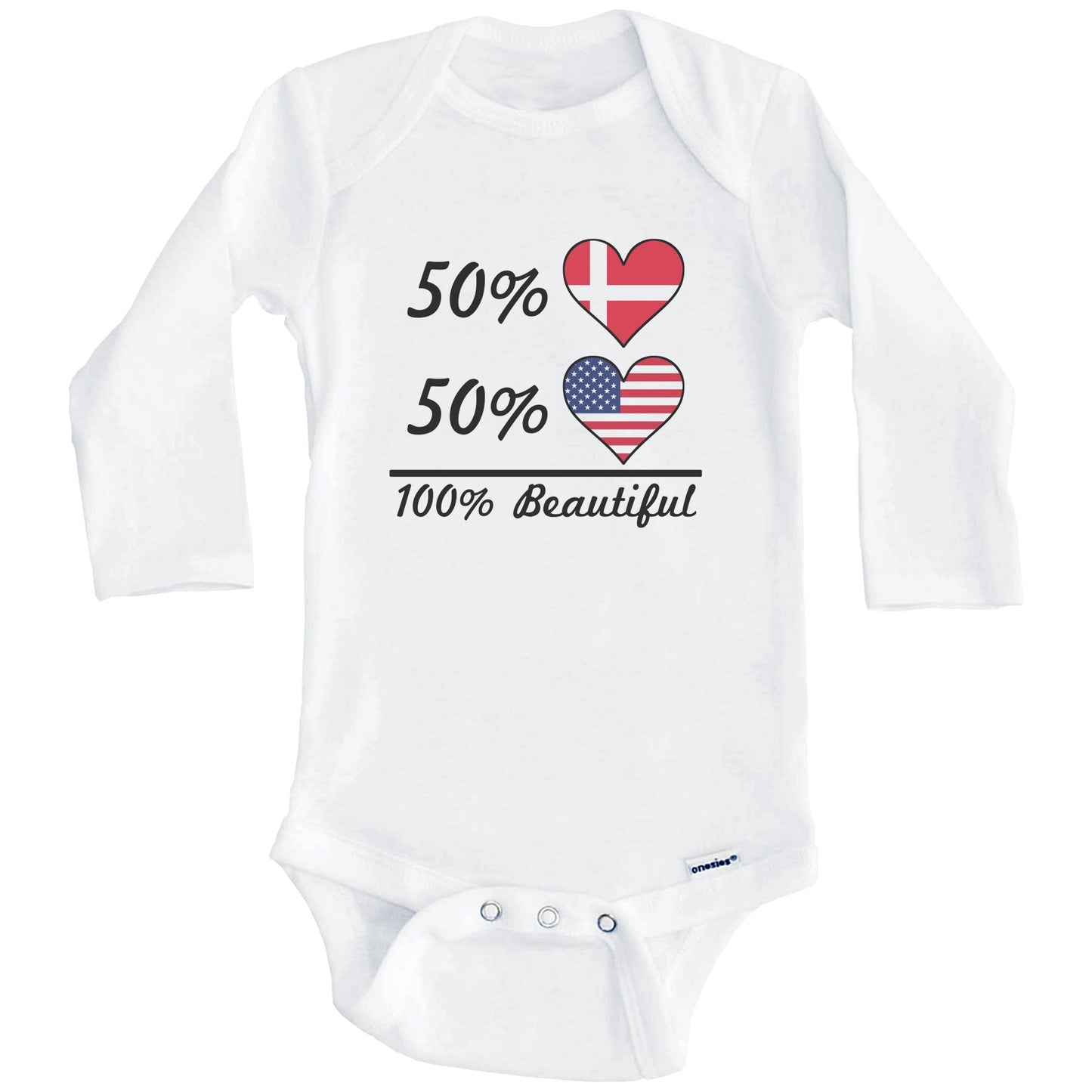 50% Danish 50% American 100% Beautiful Denmark Flag Heart Baby Onesie (Long Sleeves)