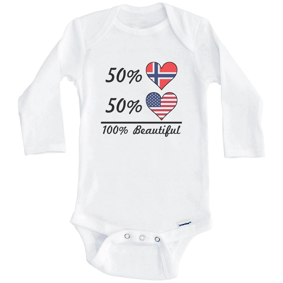 50% Norwegian 50% American 100% Beautiful Norway Flag Heart Baby Onesie (Long Sleeves)