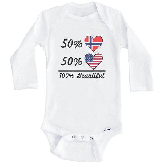 50% Norwegian 50% American 100% Beautiful Norway Flag Heart Baby Onesie (Long Sleeves)