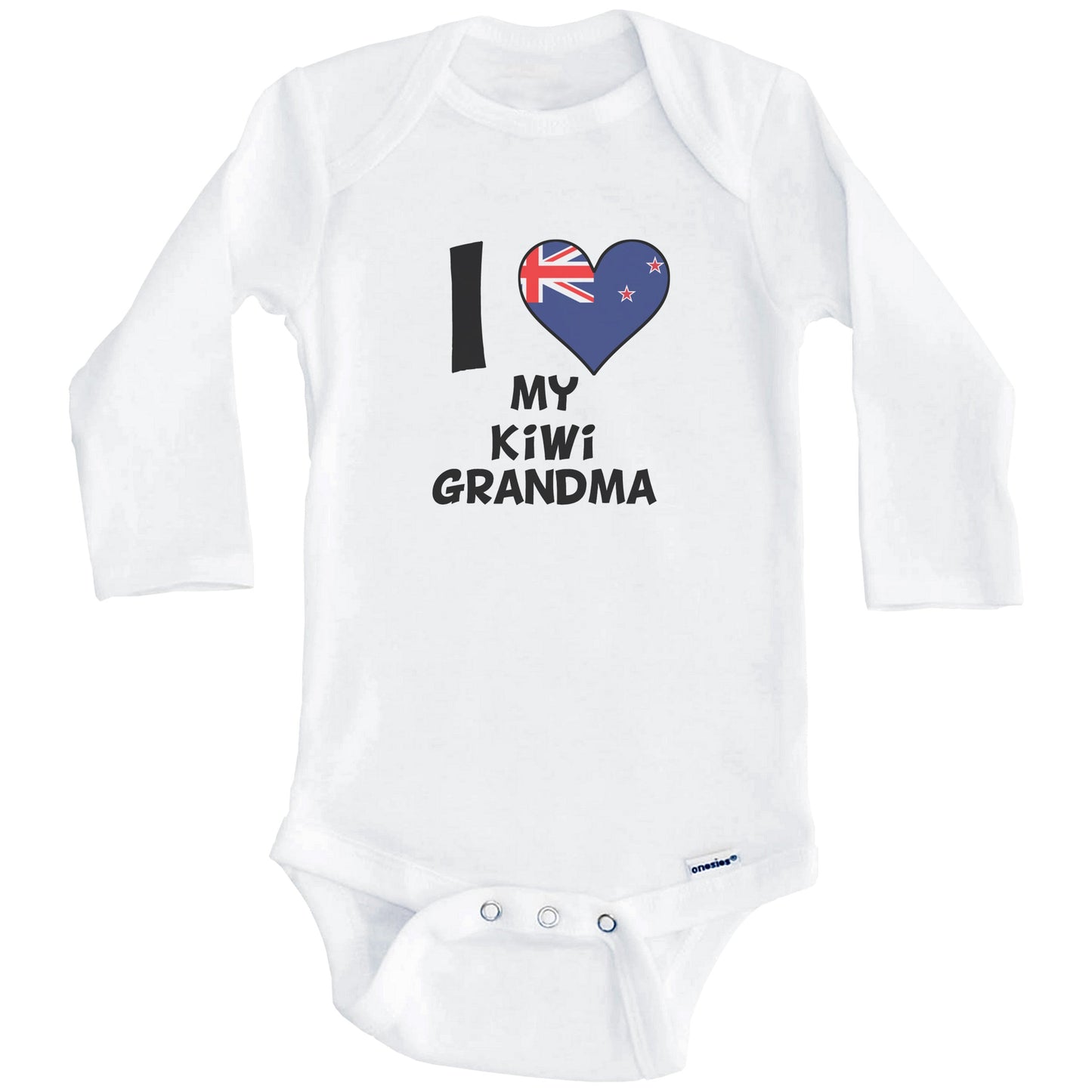 I Heart My Kiwi Grandma New Zealand Flag Baby Onesie (Long Sleeves)