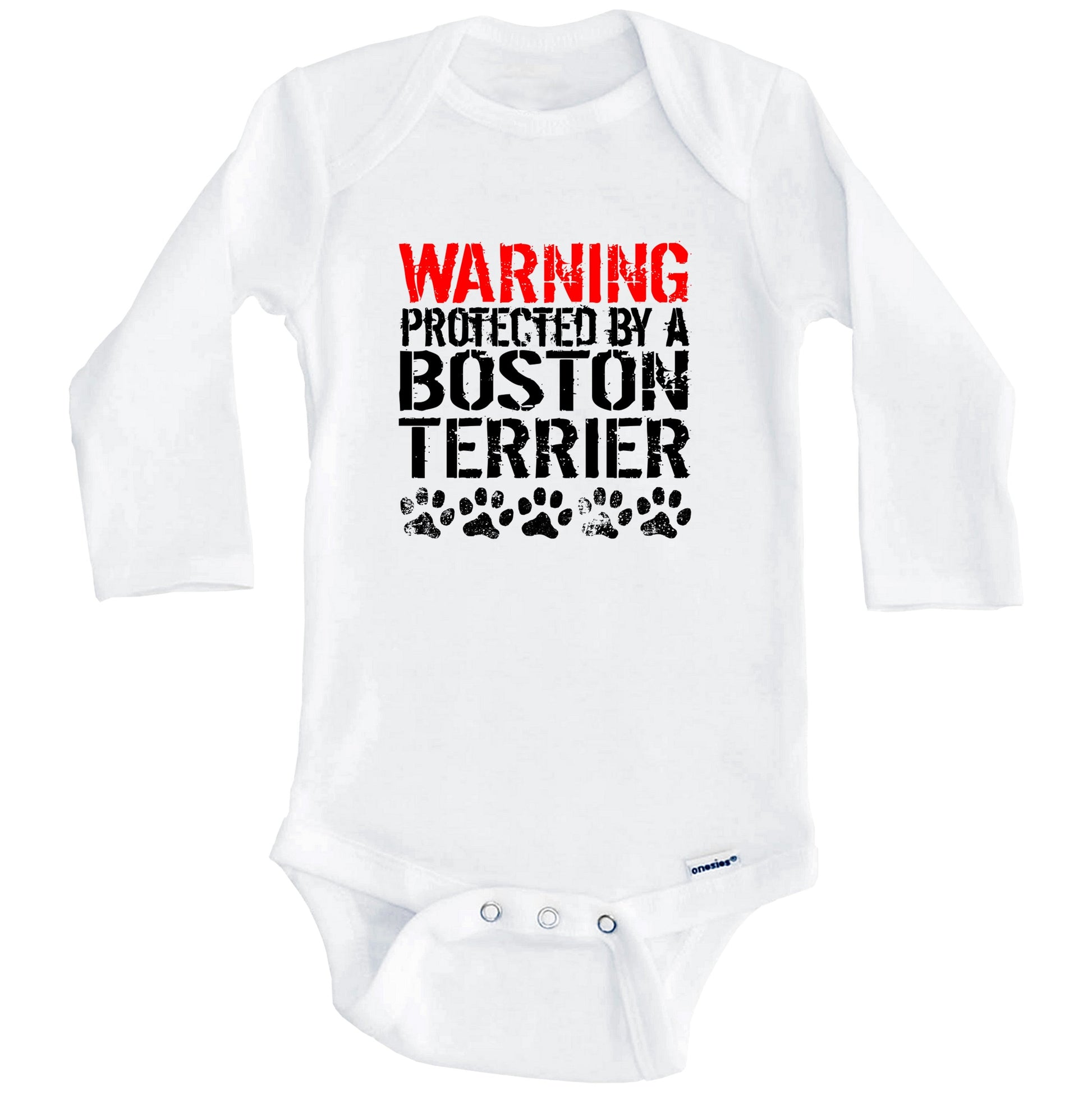 Warning Protected By A Boston Terrier Baby Onesie (Long Sleeves)