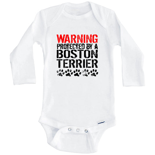 Warning Protected By A Boston Terrier Baby Onesie (Long Sleeves)