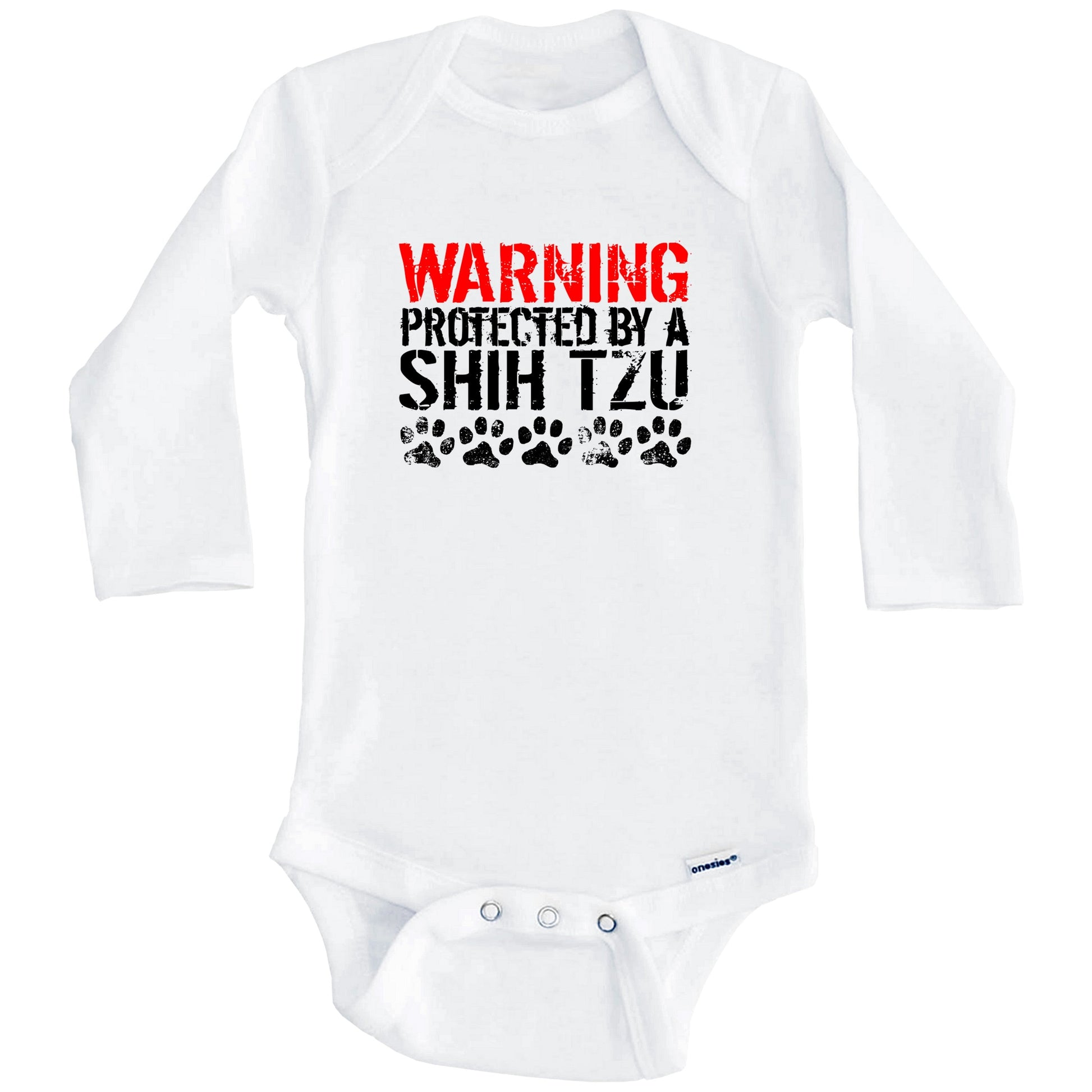 Warning Protected By A Shih Tzu Baby Onesie (Long Sleeves)