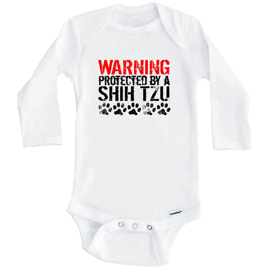 Warning Protected By A Shih Tzu Baby Onesie (Long Sleeves)