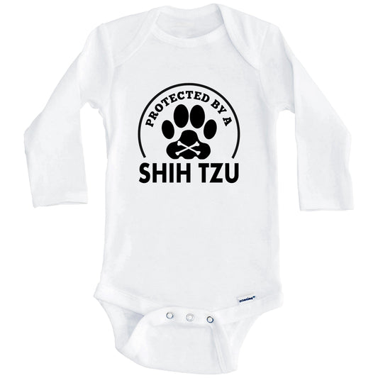 Protected By A Shih Tzu Funny Baby Onesie (Long Sleeves)