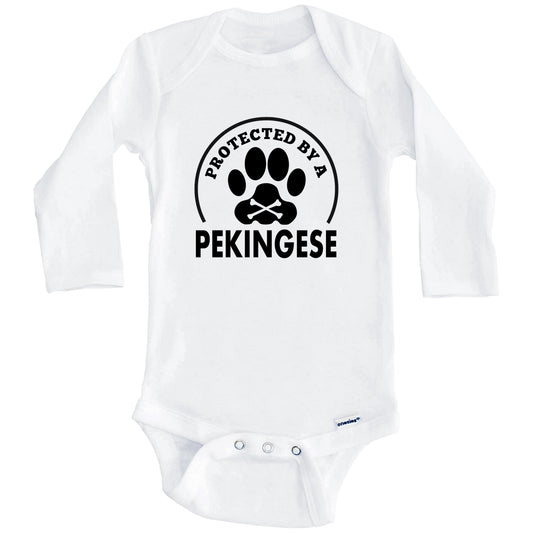 Protected By A Pekingese Funny Baby Onesie (Long Sleeves)