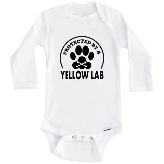 Protected By A Yellow Lab Funny Baby Onesie (Long Sleeves)