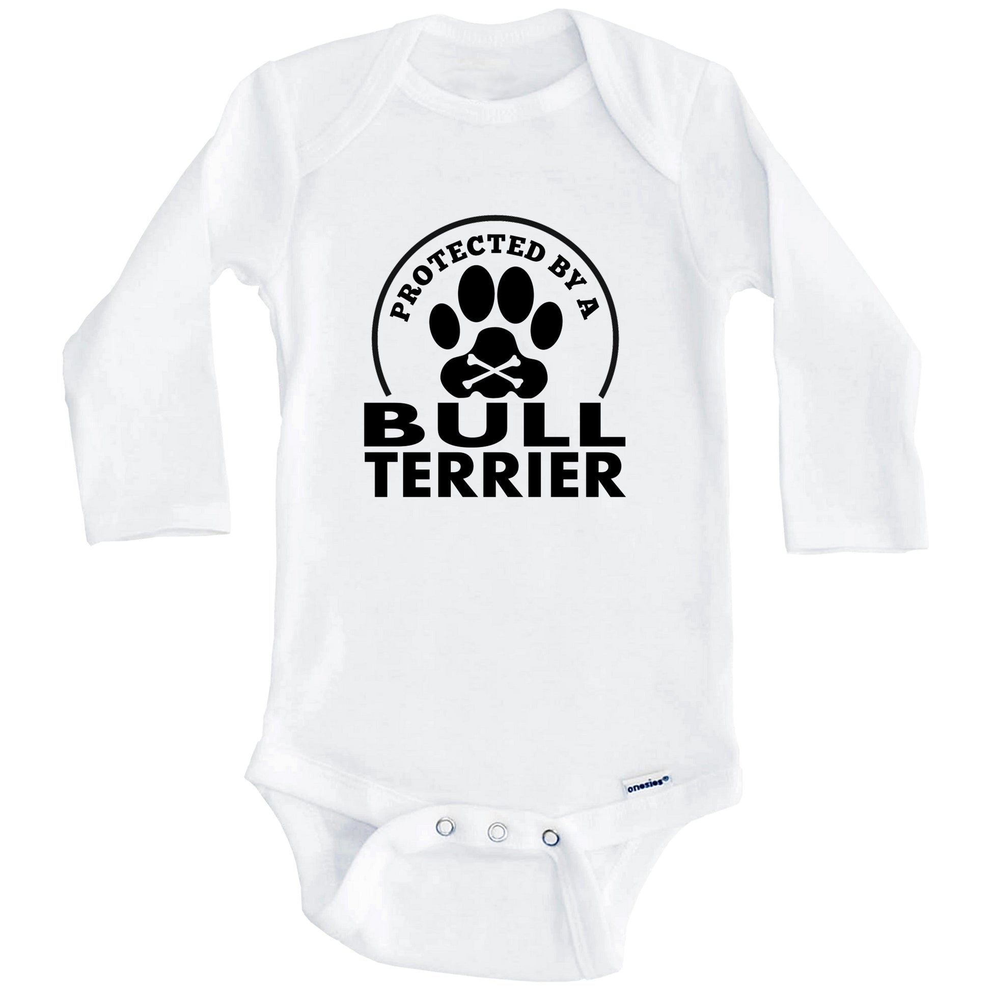 Protected By A Bull Terrier Funny Baby Onesie (Long Sleeves)