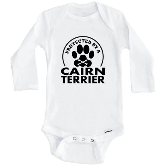 Protected By A Cairn Terrier Funny Baby Onesie (Long Sleeves)