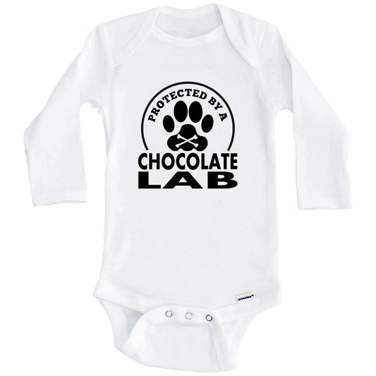 Protected By A Chocolate Lab Funny Baby Onesie (Long Sleeves)