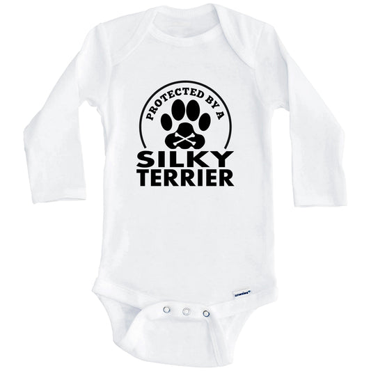 Protected By A Silky Terrier Funny Baby Onesie (Long Sleeves)