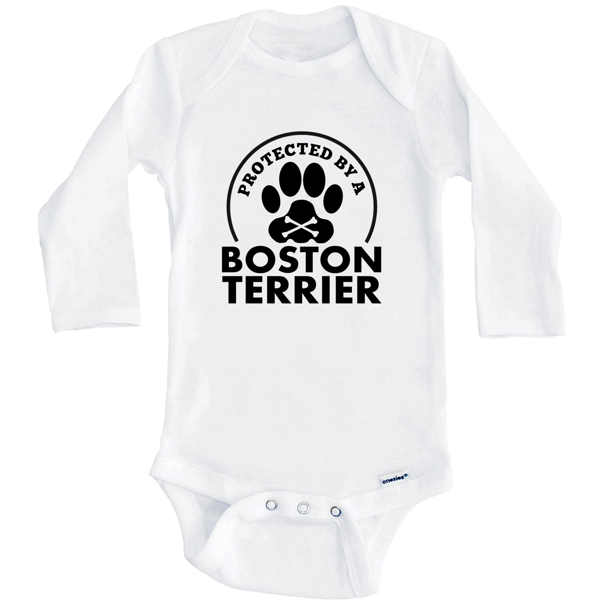 Protected By A Boston Terrier Funny Baby Onesie (Long Sleeves)