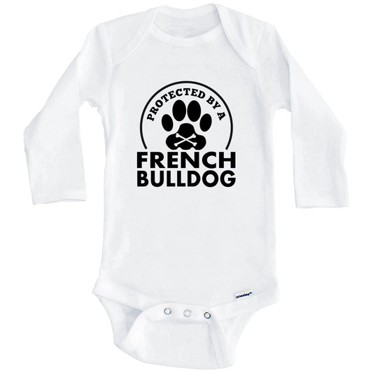 Protected By A French Bulldog Funny Baby Onesie (Long Sleeves)