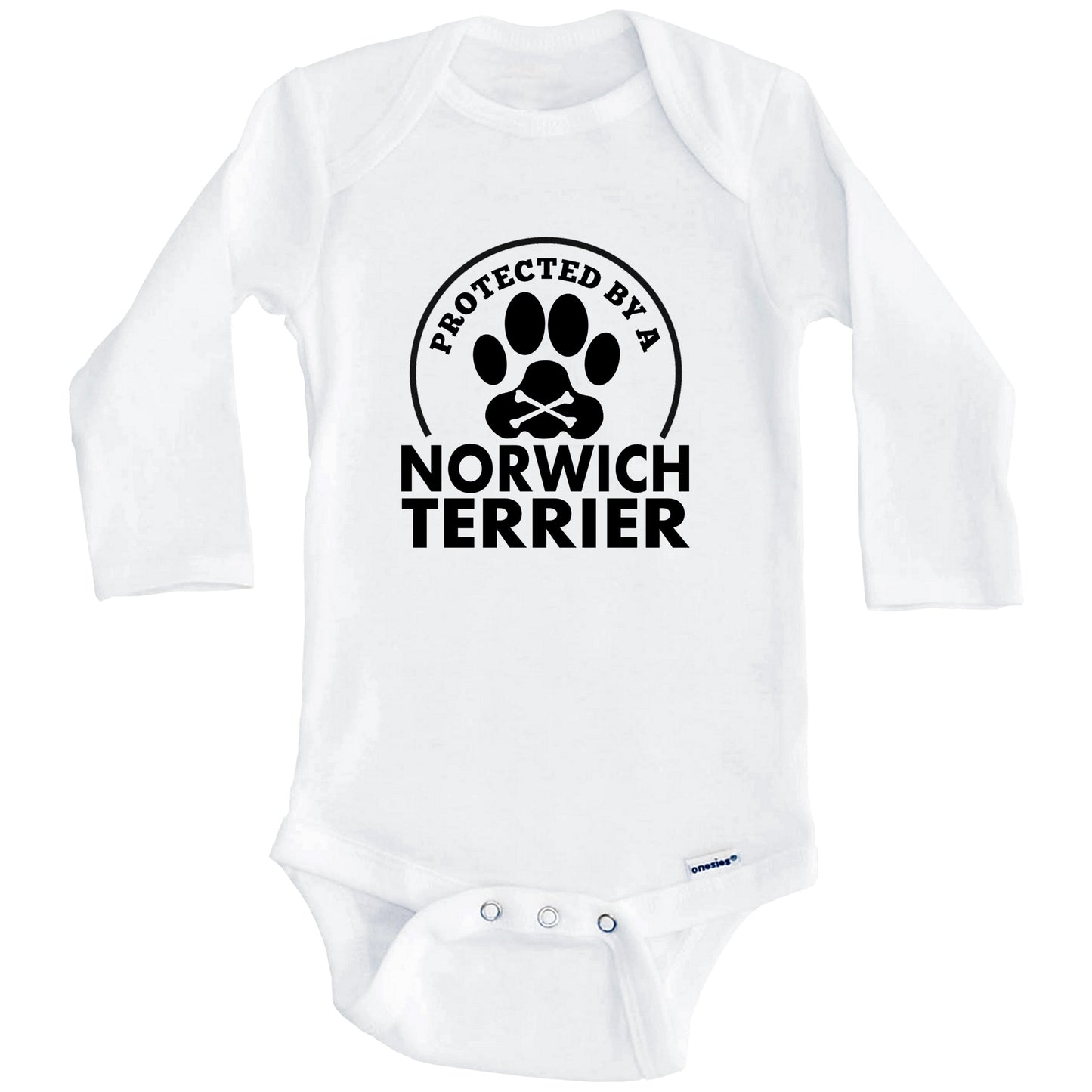 Protected By A Norwich Terrier Funny Baby Onesie (Long Sleeves)