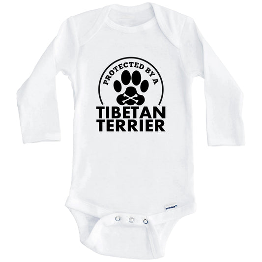 Protected By A Tibetan Terrier Funny Baby Onesie (Long Sleeves)