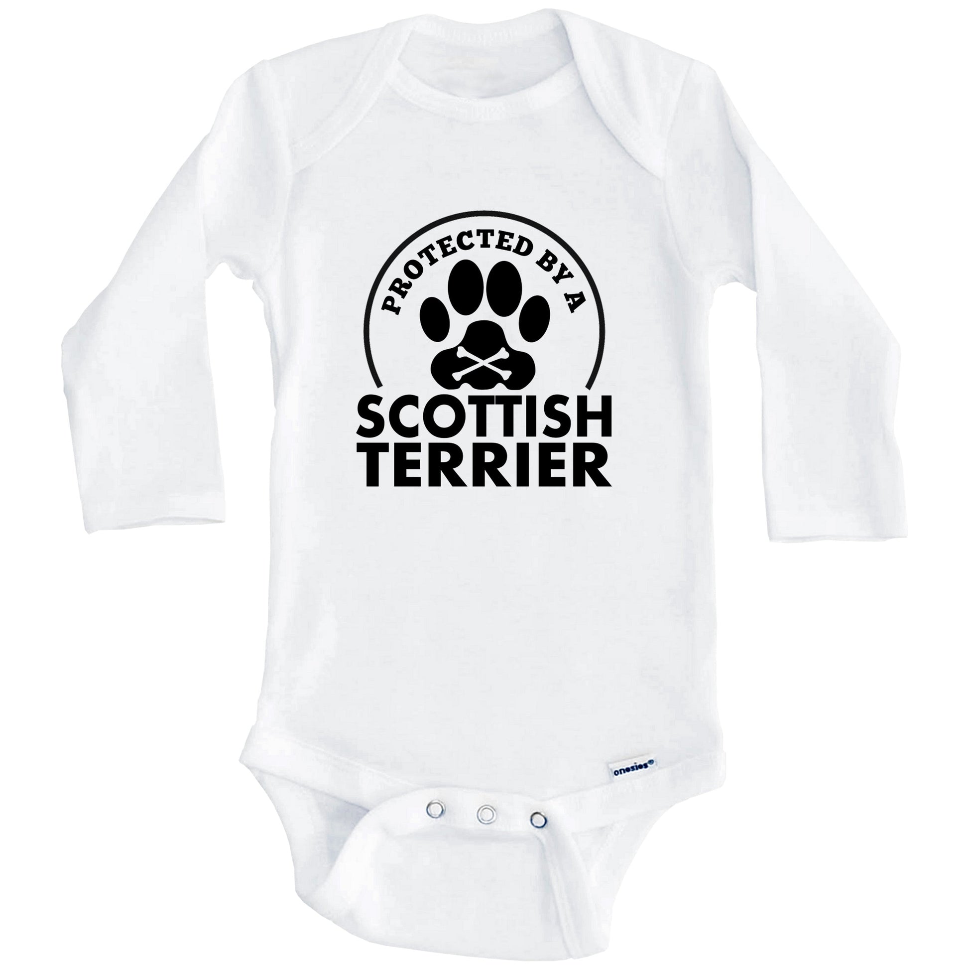 Protected By A Scottish Terrier Funny Baby Onesie (Long Sleeves)