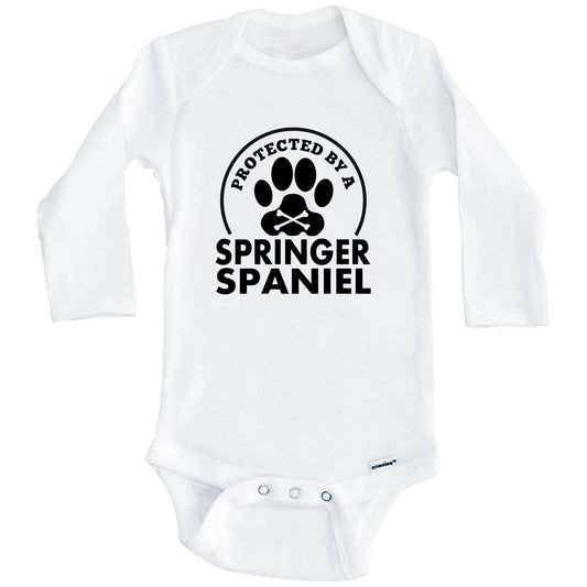 Protected By A Springer Spaniel Funny Baby Onesie (Long Sleeves)