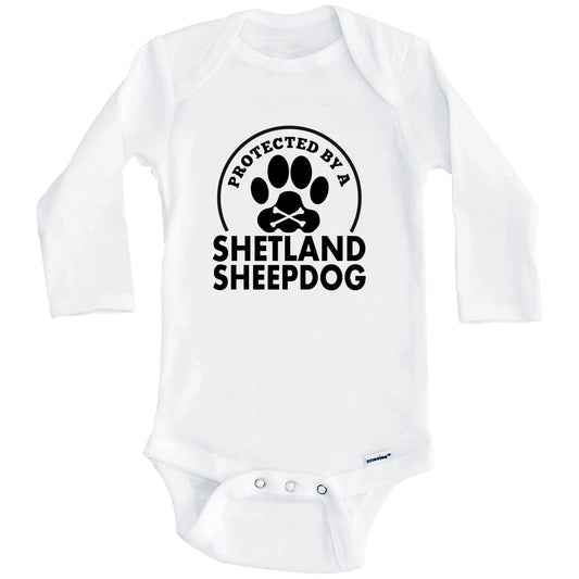 Protected By A Shetland Sheepdog Funny Baby Onesie (Long Sleeves)