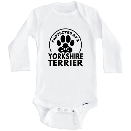 Protected By A Yorkshire Terrier Funny Baby Onesie (Long Sleeves)